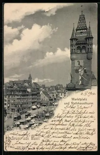 AK Basel, Rathausturm und Blick zum Marktplatz, Strassenbahn