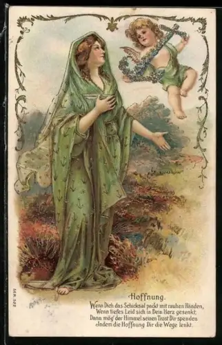 AK Hoffnung, Engel mit Anker aus Blumen vor Frau, Allegorie