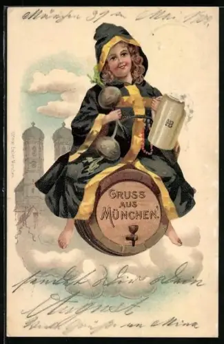 AK München, Münchner Kindl fliegt auf dem Bierfass über die Wolke