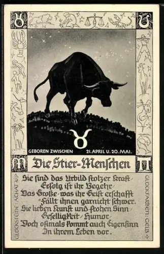 AK Sternzeichen Stier, 21. April - 20 Mai, Darstellung eine Stiers, Symbol, Eigenschaftsbeschreibung