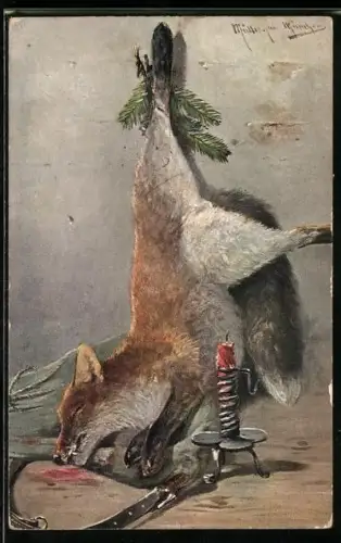 Künstler-AK M.Müller jun.: auf der Jagd erlegter Fuchs