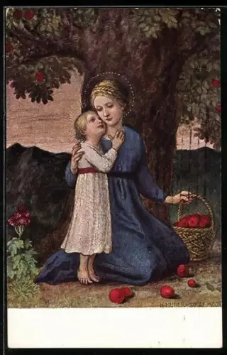 Künstler-AK Hans Huber-Sulzemoos: Maria mit dem Jesuskind unter einem Apfelbaum