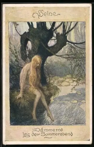 AK Heinrich Heine, Dämmernd lag der Sommerabend, Nackte Frau sitzt am Ufer eines Baches und taucht die Füsse darin ein