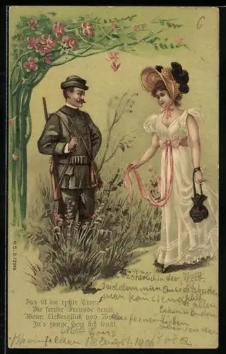 Künstler-AK Jäger bei Begegnung mit junger Dame