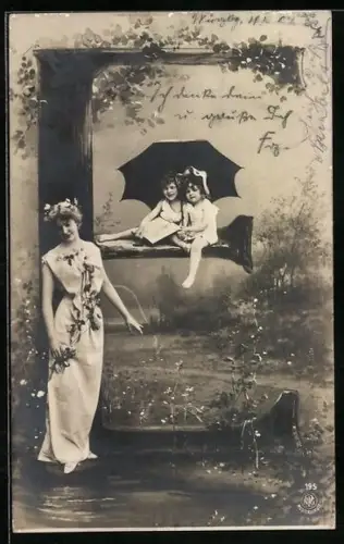 AK Kinder sitzen auf dem Buchstaben E, Fotomontage