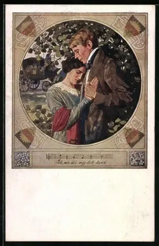 Künstler-AK Karl Friedrich Gsur, Deutscher Schulverein Nr. 555: Liebespaar in trauter Zweisamkeit, Pferdekutsche