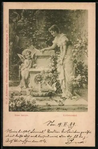 Künstler-AK Hans Zatzka: Amor mit einer Dame beim Liebesorakel