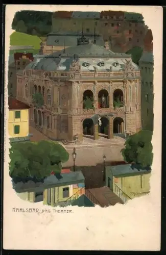 Lithographie Karlsbad, Blick auf das Theater