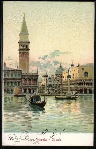 Lithographie Venezia, Il molo, Gondeln