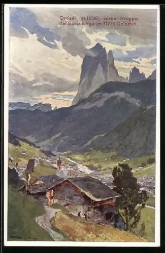 Künstler-AK Ortisei, Panorama verso Gruppo del Sassolungo