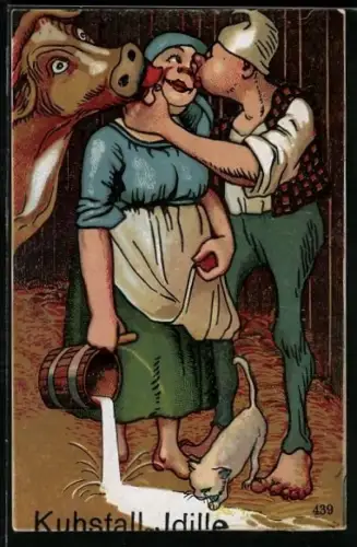 AK Bad Schandau, Kuhstall-Idylle, Bauer und Kuh küssen eine Frau