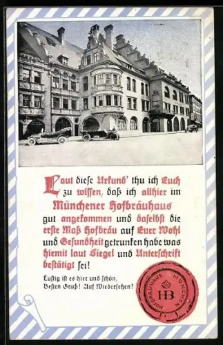 AK Münchner Hofbräuhaus, Urkunde mit Siegel