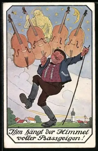 Künstler-AK Betrunkener Mann in traditioneller Kleidung, Gott mit Bassgeigen im Himmel