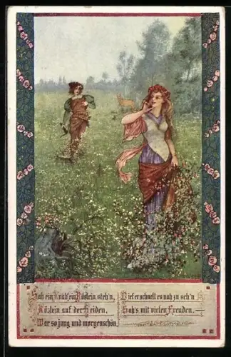 Künstler-AK T. Welzl: Sah ein Knab'ein Röslein steh'n..., Jäger blickt auf eine junge Schönheit auf der Blumenwiese