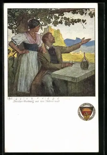 Künstler-AK Karl Friedrich Gsur, Deutscher Schulverein NR 461: Terrasse mit Blick auf ein weites Tal, Liedzeile
