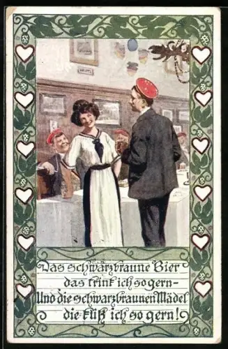 AK Studenten in der Kneipe mit schwarzbraunem Mädel, studentische Szene