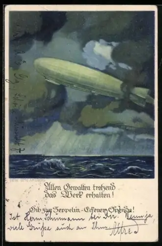 Künstler-AK Otto Amtsberg: allen Gewalten Trotzend, das Zeppelin über der See, Aufruf zur Spende