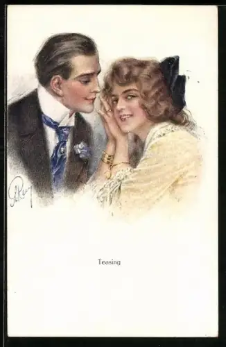 Künstler-AK sign. A. Remy: Junge Dame flirtet mit dem eleganten Herrn, Teasing