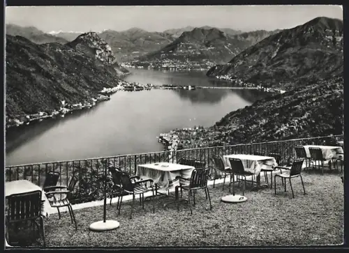 AK Serpiano, Kurhaus-Terrasse, Blick gegen Melide, S. Salvatore, Mte. Bré und Bündnerberge