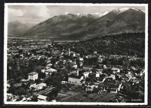AK Losone, Totalansicht mit Wasserblick und Bergen aus der Vogelschau