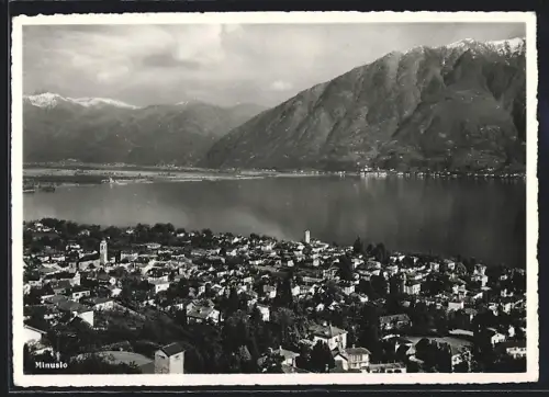 AK Minusio, Teilansicht mit See und Bergen aus der Vogelschau