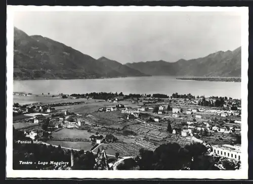 AK Tenero /Lago Maggiore, Totalansicht mit Bahnhof u. Pension Motta aus der Vogelschau