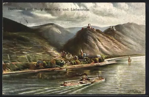 Künstler-AK Bornhofen, Burg Sternberg, Liebenstein, Rheinansicht