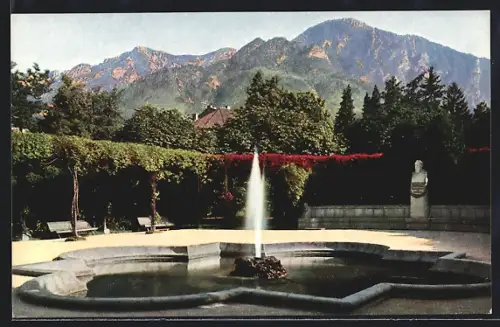 AK Bad Reichenhall, Kurgarten mit Brunnen und Alpenpanorama