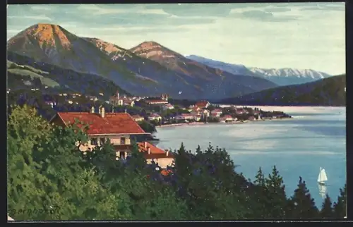 Künstler-AK Tegernsee, Wallberg, Setzberg, Blauberge, Seepanorama