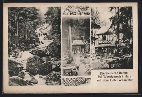AK Wernigerode i. Harz, Steinerne Renne mit Hotel Wasserfall