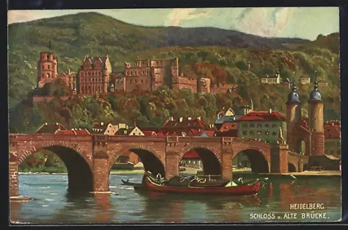 Künstler-AK Heidelberg, Schloss, Alte Brücke