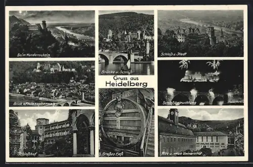 AK Heidelberg, Schloss, Brücke, Universität, Grosses Fass, Schlossbeleuchtung