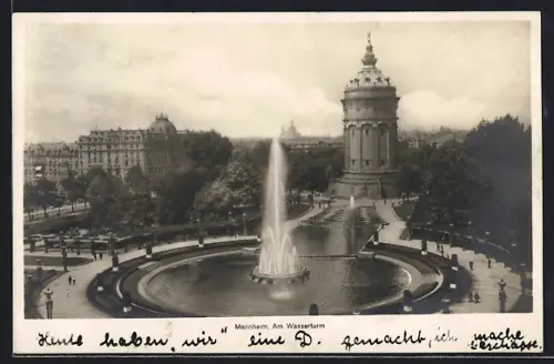 AK Mannheim, Wasserturm mit Springbrunnen