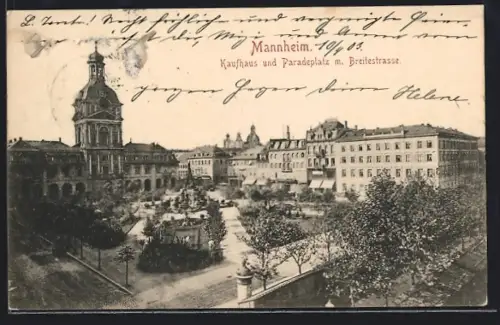 AK Mannheim, Kaufhaus und Paradeplatz mit Breitestrasse
