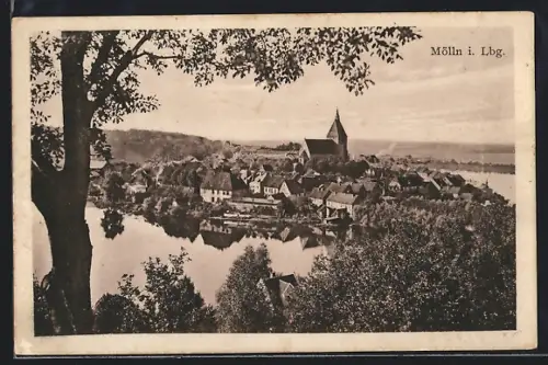 AK Mölln i. Lbg., Stadtansicht mit Kirche und See