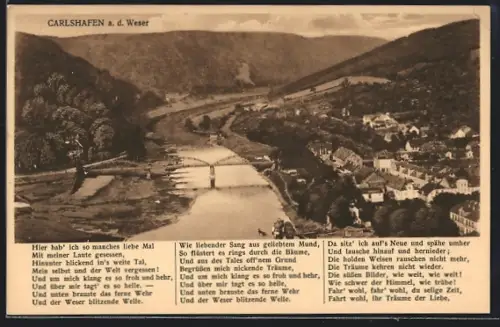 AK Carlshafen a. d. Weser, Flusspartie mit Brücke