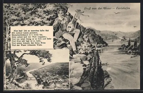 AK Carlshafen, Weserufer, Mann mit Laute, Gedicht