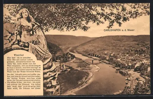 AK Carlshafen a. d. Weser, Weseransicht mit Brücke, Weserlied