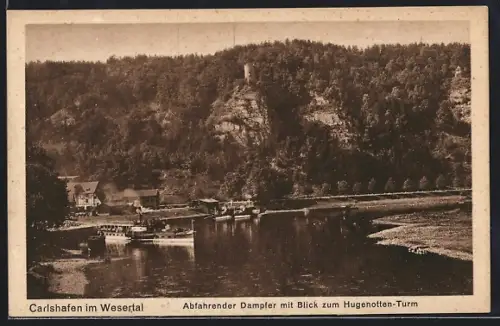 AK Carlshafen im Wesertal, Abfahrender Dampfer mit Blick zum Hugenotten-Turm