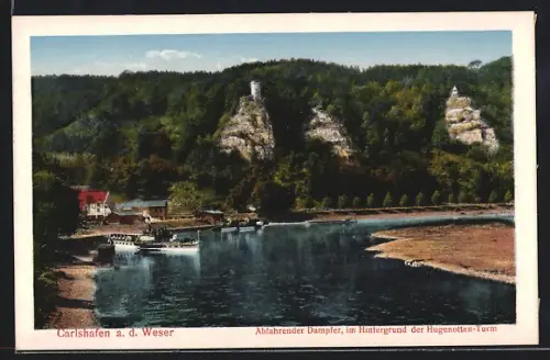 AK Carlshafen a. d. Weser, Abfahrender Dampfer, Hugenotten-Turm im Hintergrund