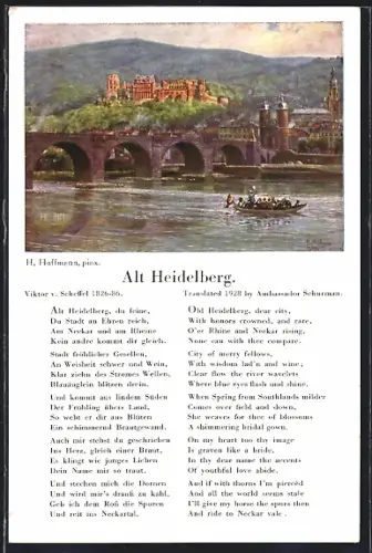 Künstler-AK Heidelberg / Neckar, Flusspartie mit Brücke, Gedicht