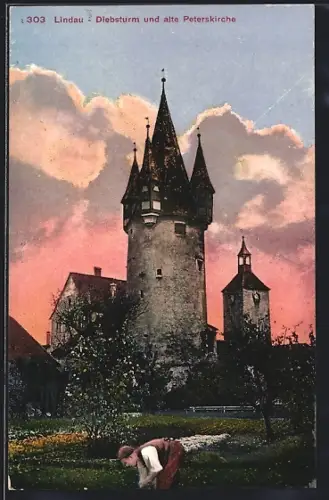 AK Lindau / Bodensee, Diebsturm und alte Peterskirche