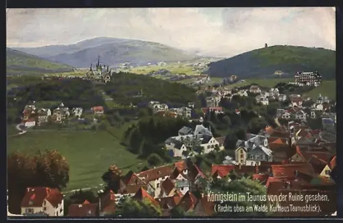 Künstler-AK Königstein im Taunus, Teilansicht von der Ruine gesehen mit Kurhaus Taunusblick rechts oben am Walde