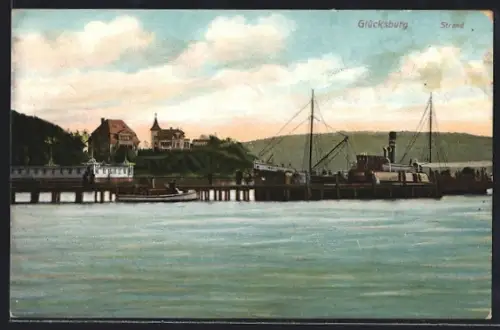 AK Glücksburg, Strand mit Dampfer