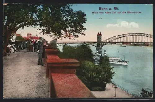 AK Bonn a. Rh., Blick vom Alten Zoll auf die Rheinbrücke mit Dampfer