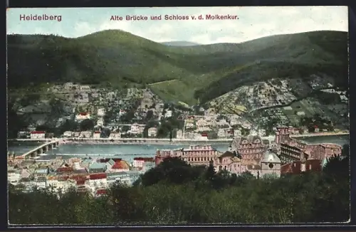 AK Heidelberg, Alte Brücke und Schloss v. d. Molkenkur