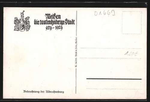 AK Meissen, Die tausendjährige Stadt 929-1929, Beleuchtung der Albrechtsburg