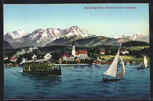 AK Seeshaupt /Starnbergersee, Kirche mit Zugspitze