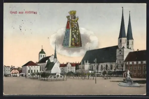 AK Altötting, Strassenpartie mit Kirche und Gnadenbild