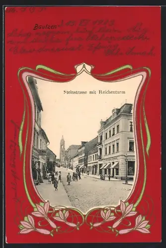 Passepartout-Lithographie Bautzen, Steintrasse mit Reichenturm im Passepartout
